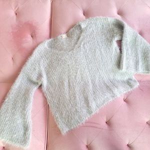 Altar'd State Silver Sparkly Fuzzy Bell Sleeve Sweater